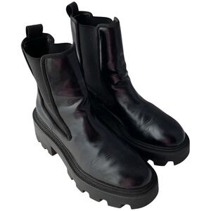 Zara Chunky Black Leather Round Toe Chelsea Pull On Boots Women's Size 40EU/9US